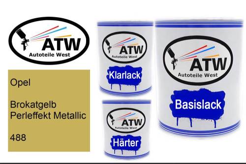 Opel, Brokatgelb Perleffekt Metallic, 488: 1L Lackdose + 1L Klarlack + 500ml Härter - Set, von ATW Autoteile West.